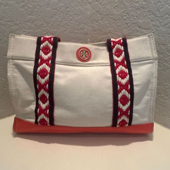 Tory Burch Canvas Tote Bag Neutral Blue Red Boho Strap Coastal Beach Vacation - Picture 1 of 12